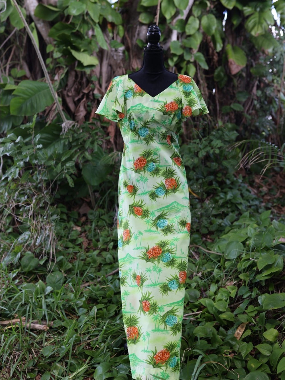 Tropical Pineapple Print Green Maxi Dress